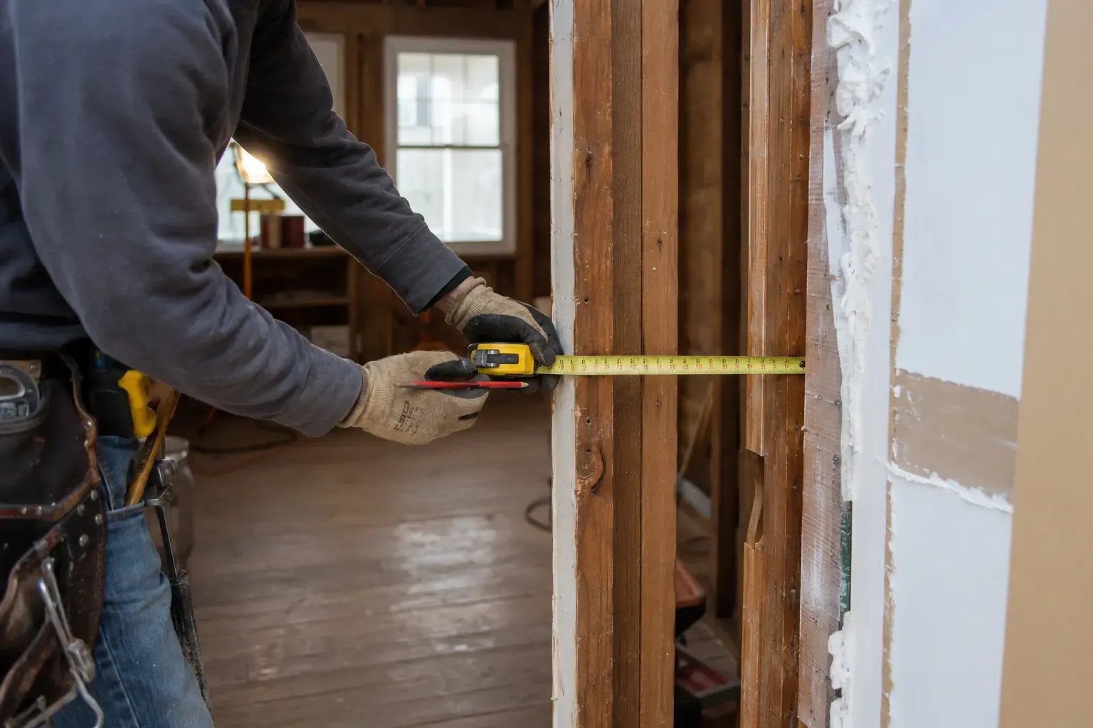 A contractor measuring exposed framing inside an older house