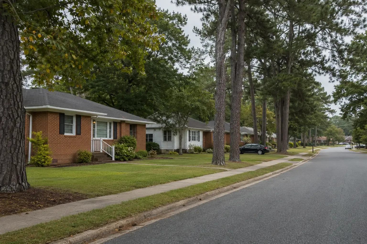 A quiet neighborhood with brick and siding homes
