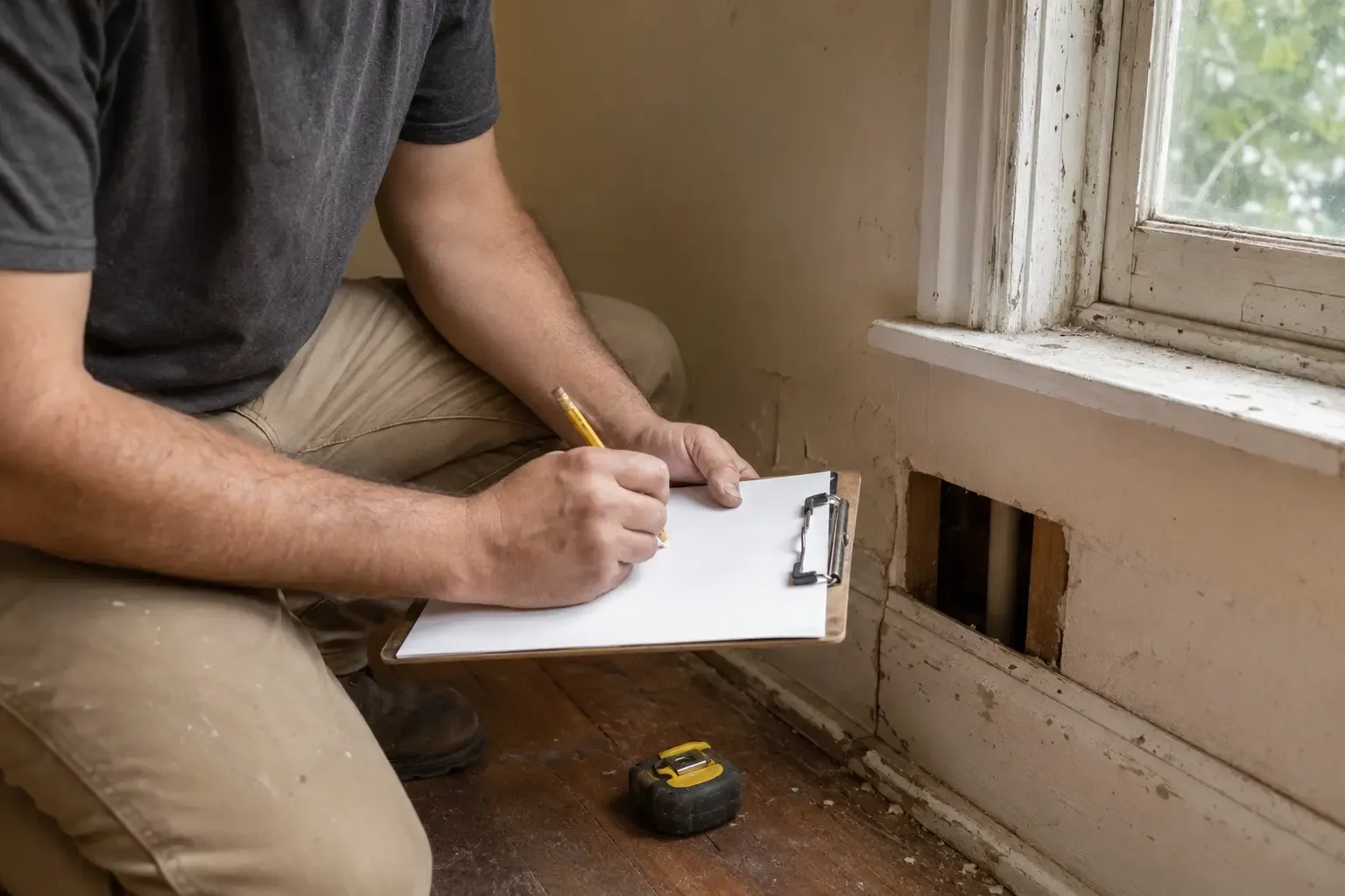 A contractor's hands reviewing repair notes beside a tape measure and paint samples