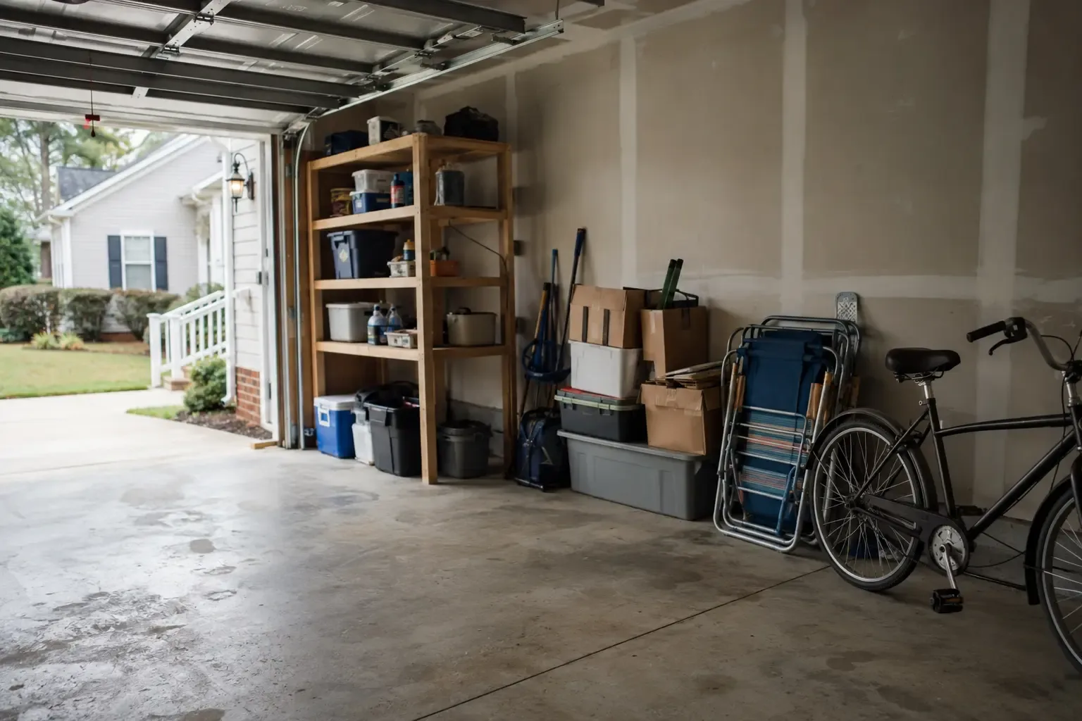 A garage with stored belongings and unfinished cleanup