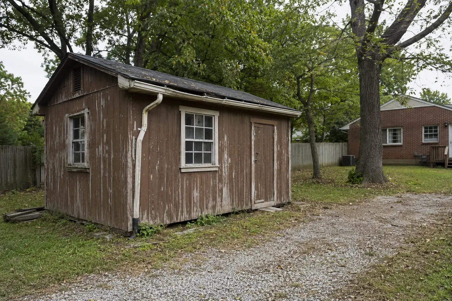A weathered detached outbuilding beside a modest home on a larger lot