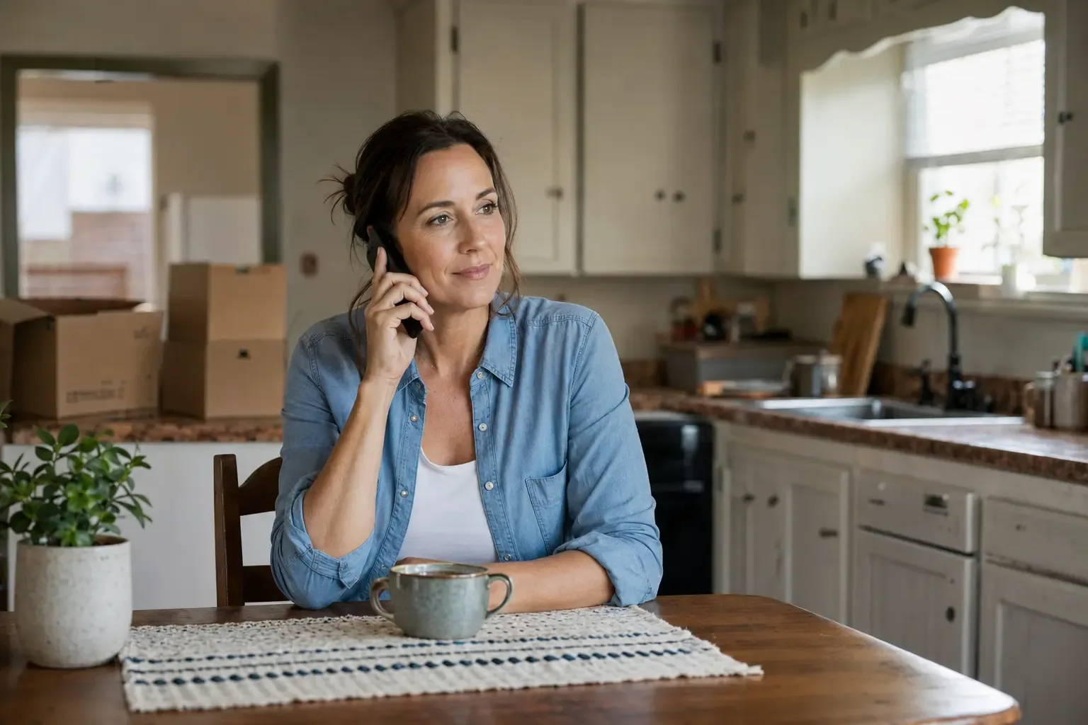 A person having a relaxed phone conversation at a kitchen table