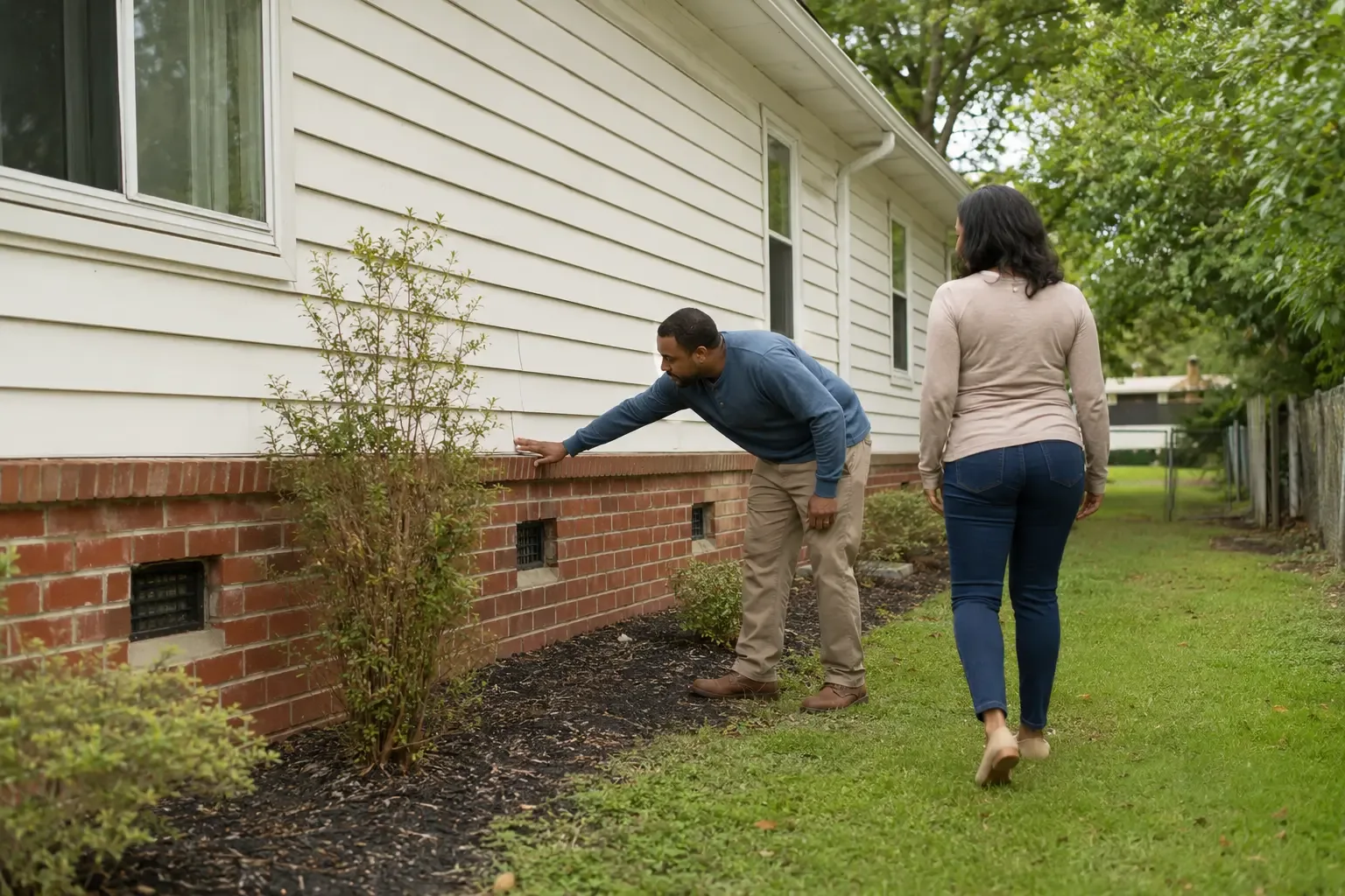 A contractor and another person walking around the exterior of a brick house