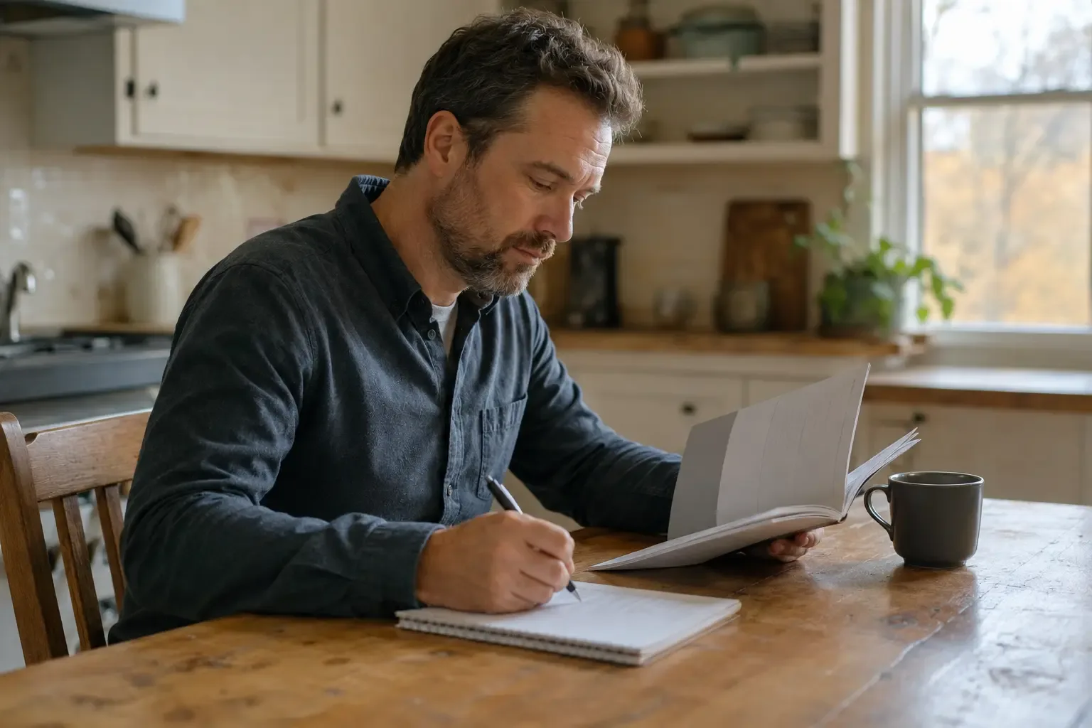 A person reviewing property questions and notes at a kitchen table