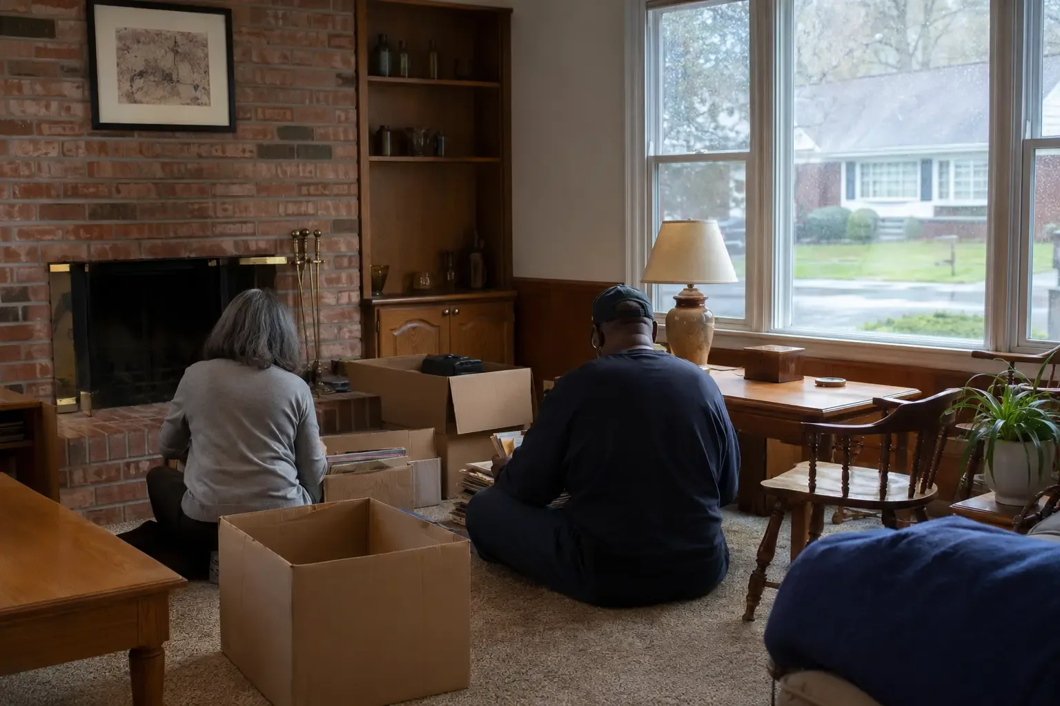 A living room with packed boxes and household belongings