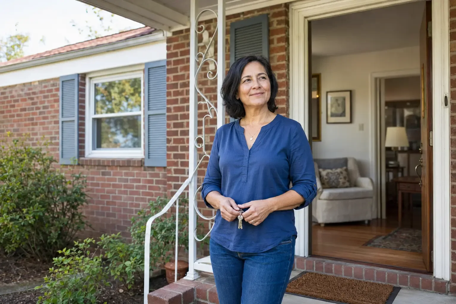 A person holding keys at the doorway of a brick house