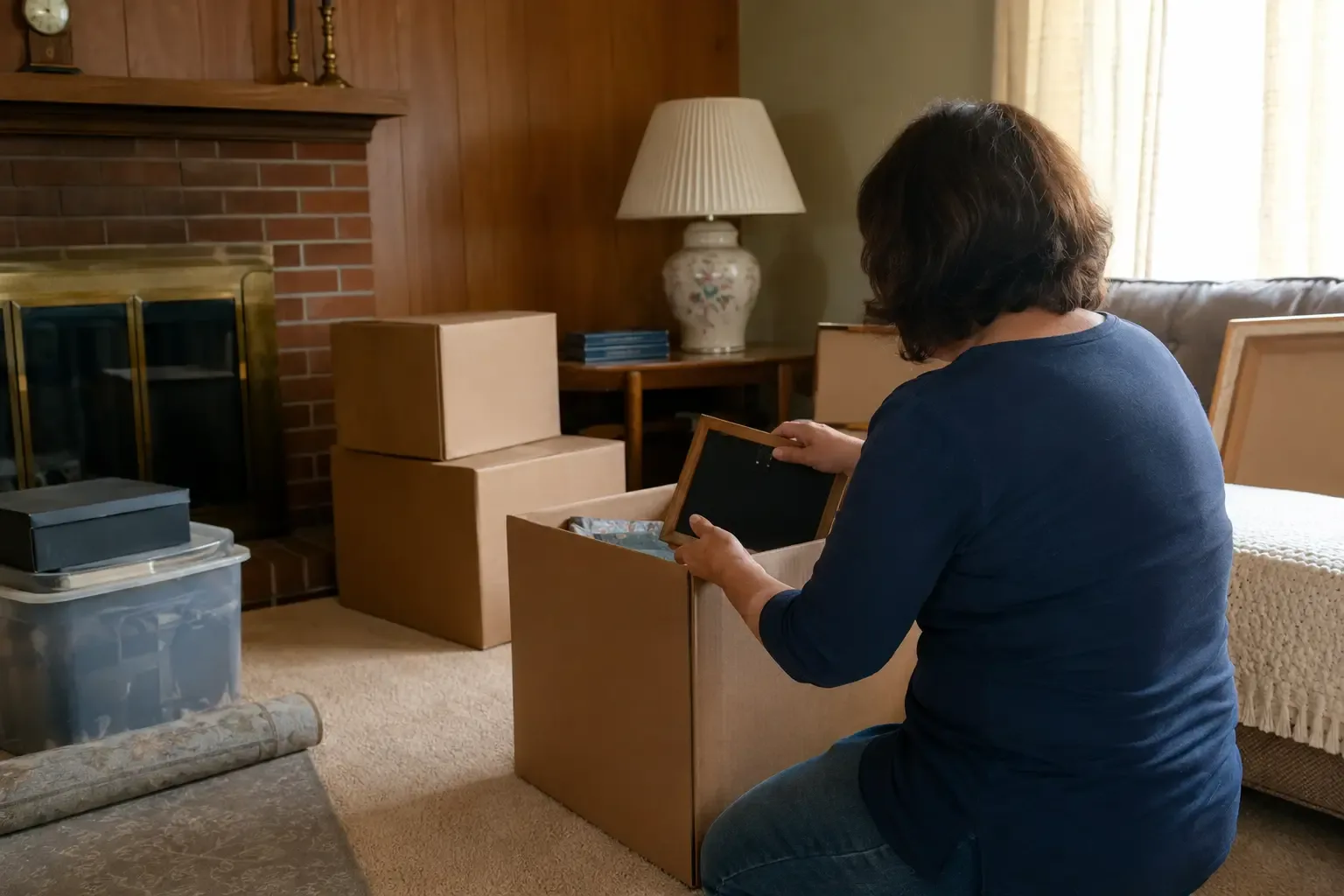 A person sorting belongings and boxes in an older living room
