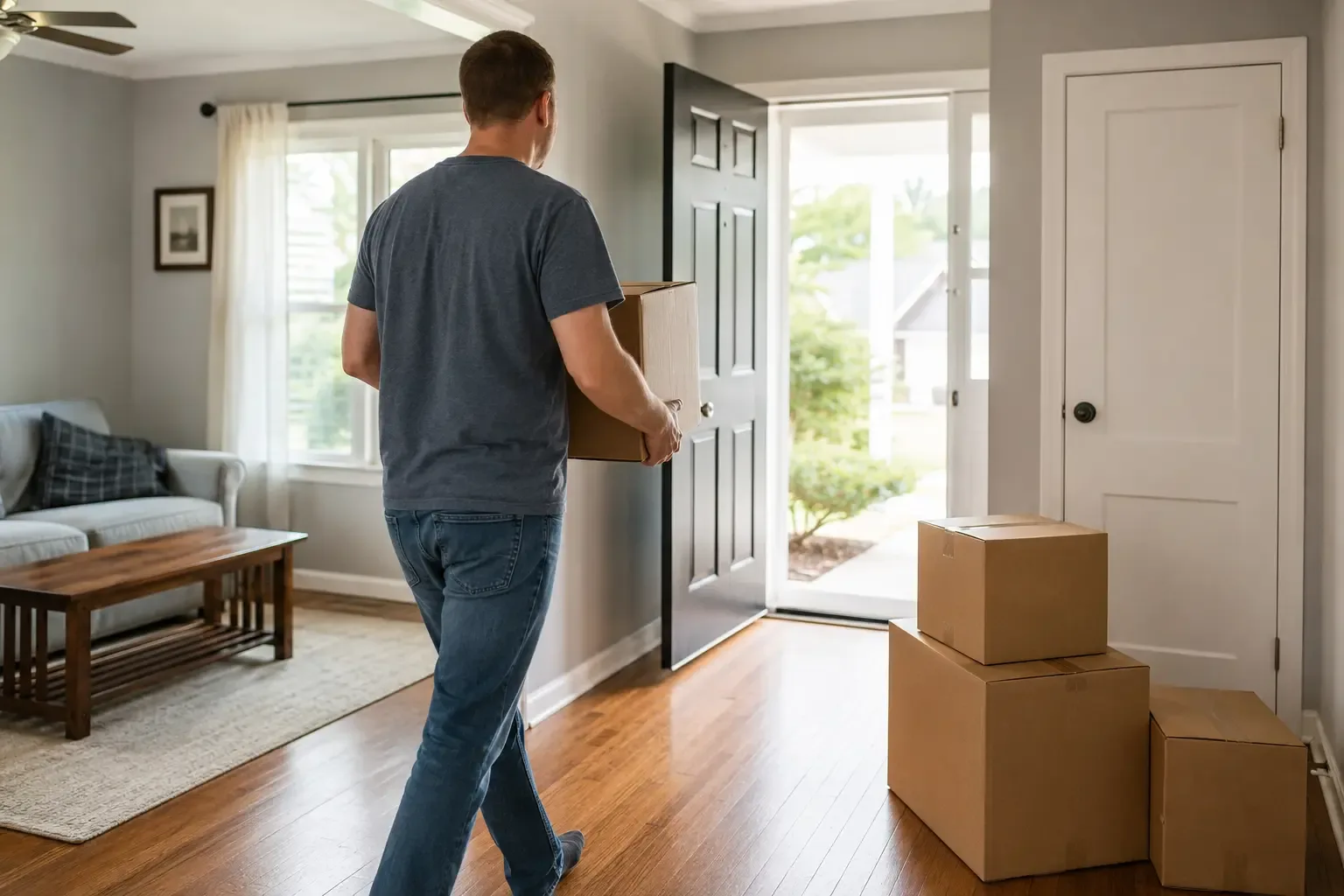 A person carrying a moving box toward the front door