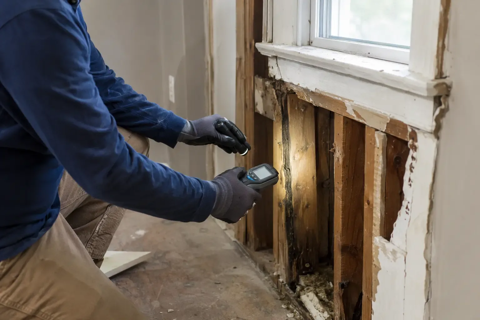 A contractor checking water-damaged framing below a window