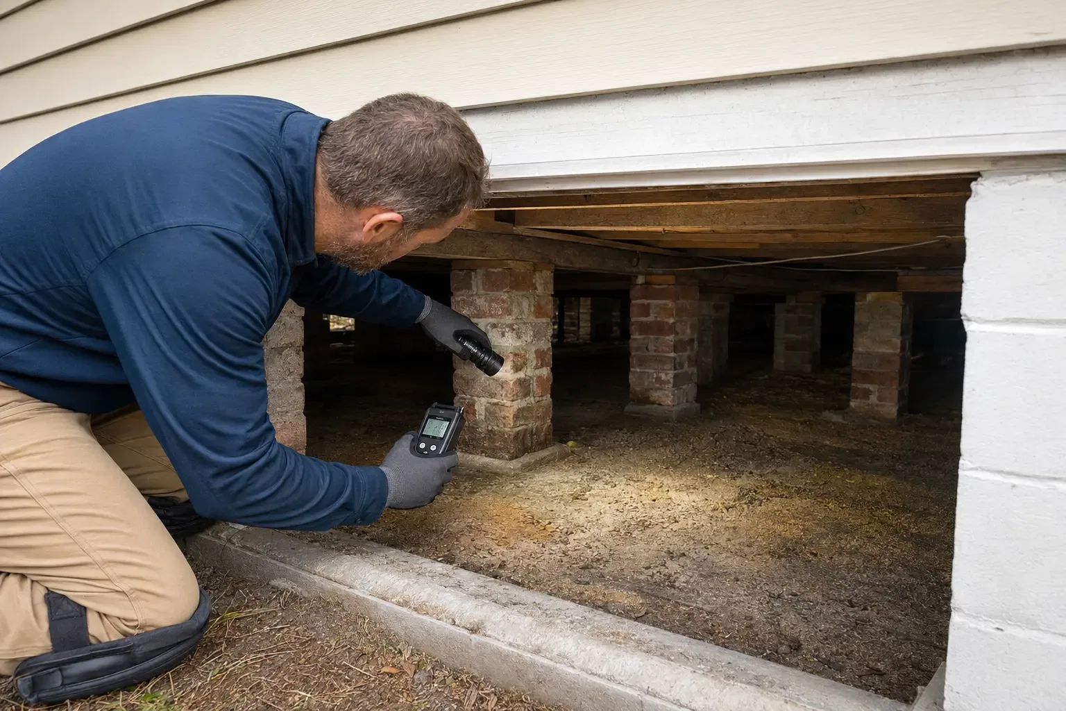 A contractor inspecting moisture near floor joists in an older crawlspace