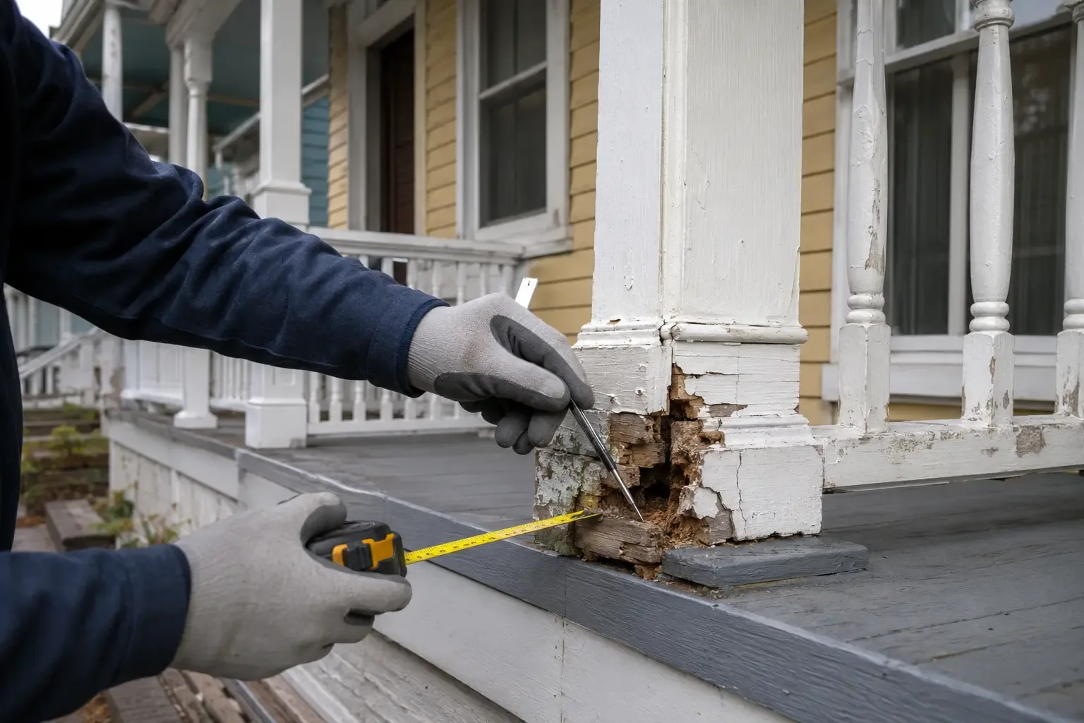 A contractor inspecting worn porch boards on an older home