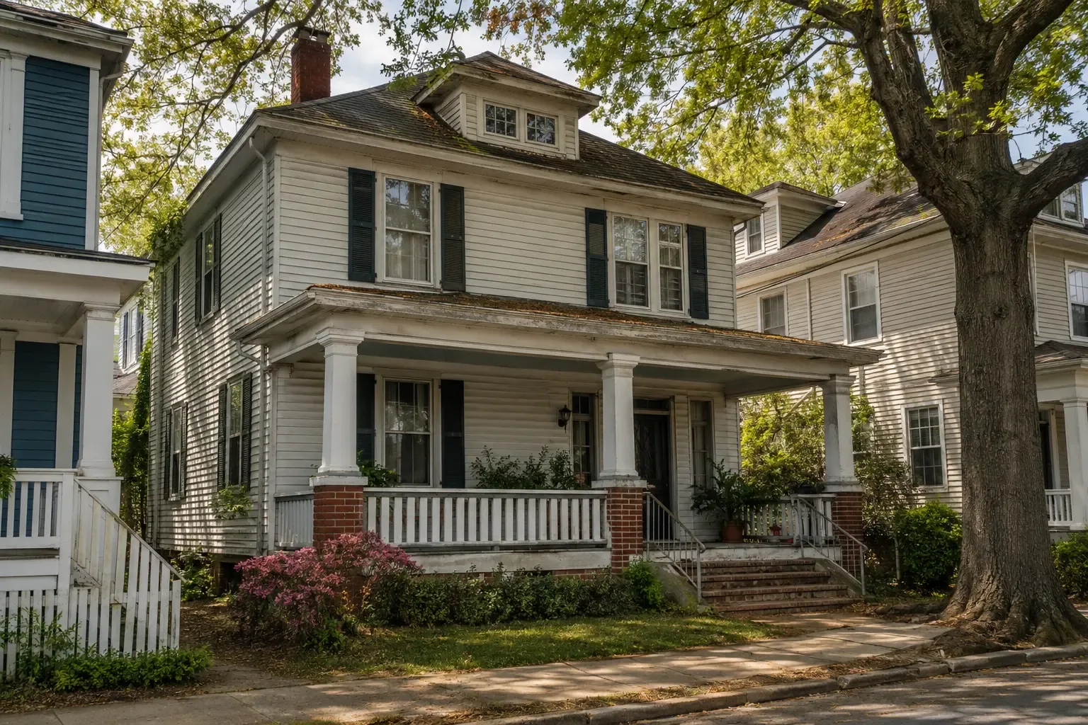 An older home with a compact porch on a close-set street