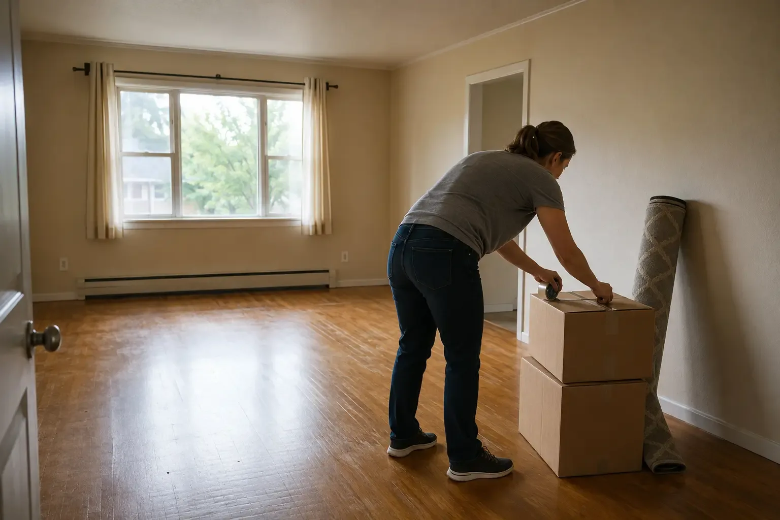 A mostly empty dated room with moving boxes and afternoon light